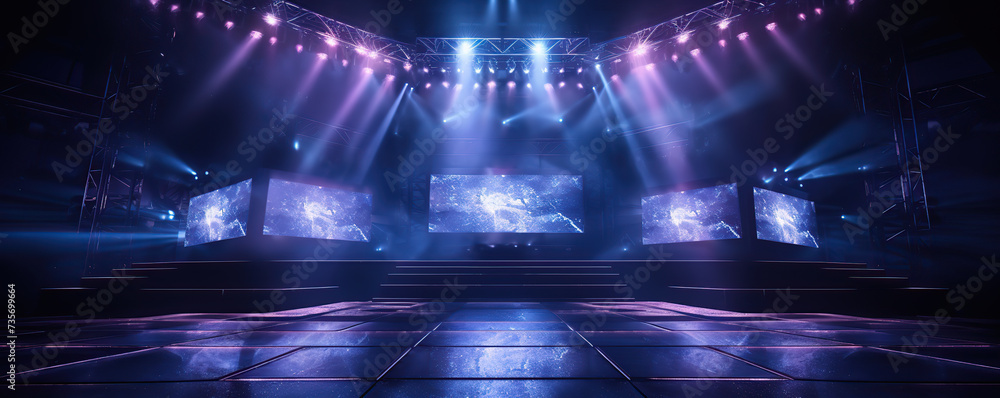 empty stage is set under dramatic blue and purple lighting