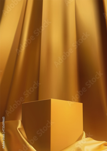 Gold color podium on gold fabric wave background with the luxury concept . branding and product presentation . Museum or gallery backdrops for products