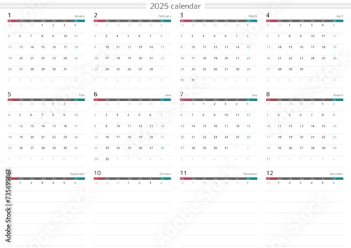 2025年 メモスペースのあるシンプルなカレンダー 12ヶ月一覧　日本の祝祭日対応