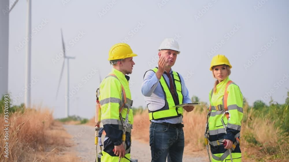 Engineer surveyor and manager wearing uniform walking holding box inspection and tablet work in wind turbine farms rotation to electricity, alternative renewable energy for clean power energy concept. Engineer surveyor and manager wearing uniform walking holding box inspection and tablet work in wind turbine farms rotation to electricity, alternative renewable energy for clean power energy concept.
