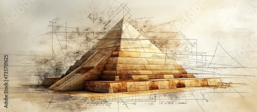 A drawing of a triangular ancient pyramid on paper, set against a backdrop of a beautiful landscape under a clear sky. The art features a slope and is outlined with intricate wood font details.