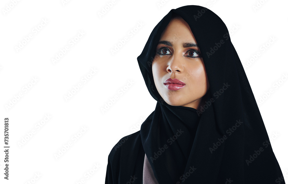 Hijab, thinking or Islamic woman with ideas, solution or decision isolated on a transparent background. Png, Muslim person or model with choice or problem solving with traditional clothes or planning Hijab, thinking or Islamic woman with ideas, solution or decision isolated on a transparent background. Png, Muslim person or model with choice or problem solving with traditional clothes or planning