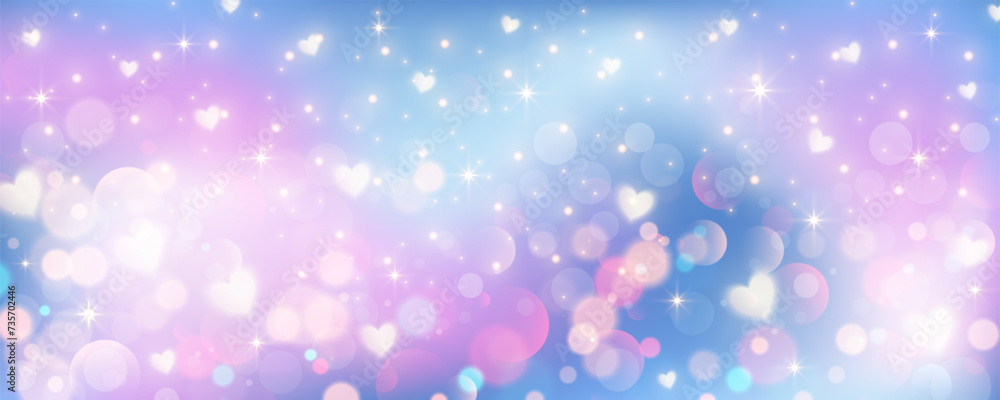 Purple unicorn background. Pastel watercolor sky with glitter stars bokeh and hearts. Fantasy galaxy with holographic texture. Magic marble space. Vector