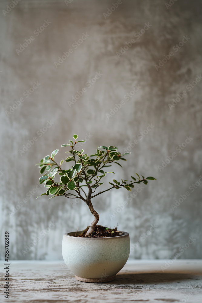 A small potted plant with multiple green leaves on a textured and grey concrete background A small potted plant with multiple green leaves on a textured and grey concrete background