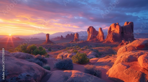 Sunrise at arches national park with mood lighting photo