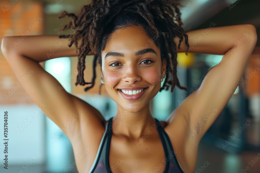 A happy African American woman with dreadlocks smiles as she confidently poses for the camera during a workout session