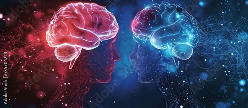 Two realistic brain models with a vibrant blue and deep red background for scientific concept