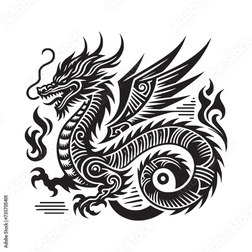 black and white tribal dragon tattoo vector illustration