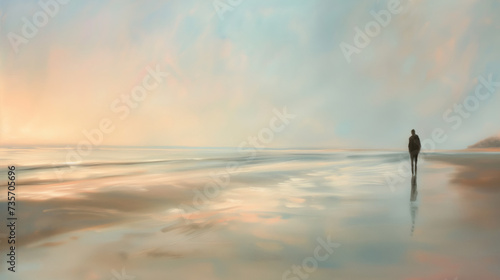 Solitary Contemplation: Pastel Sunset and Lone Figure on a Peaceful Beach