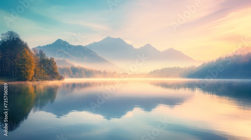 Autumn Whisper: Misty Lake Sunrise Amidst Fall Foliage and Mountain Vistas © Artbotics