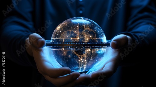 Hands holding circular globe of Earth, containing information and data, in luminous 3D model style. 