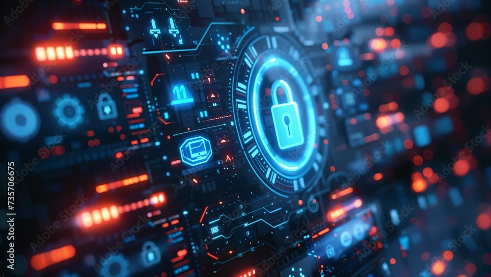 Futuristic screen display of icons lock symbol, technology and cybersecurity concept Futuristic screen display of icons lock symbol, technology and cybersecurity concept