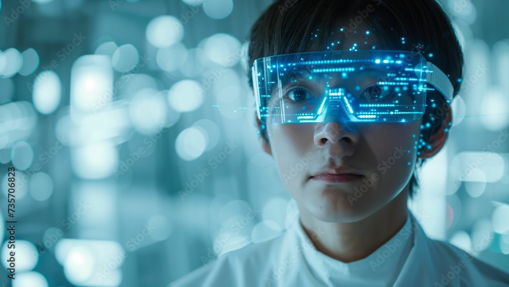 A male doctor with holographic glasses in hospital labs A male doctor with holographic glasses in hospital labs