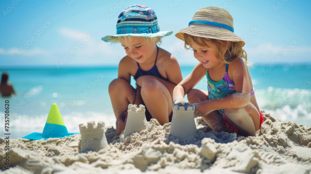 Two toddlers cooperating together to build sand castles at the beach Two toddlers cooperating together to build sand castles at the beach