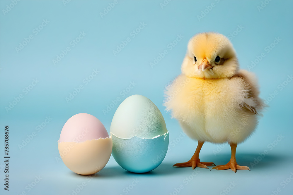 Easter, a chick and eggs. Generative AI