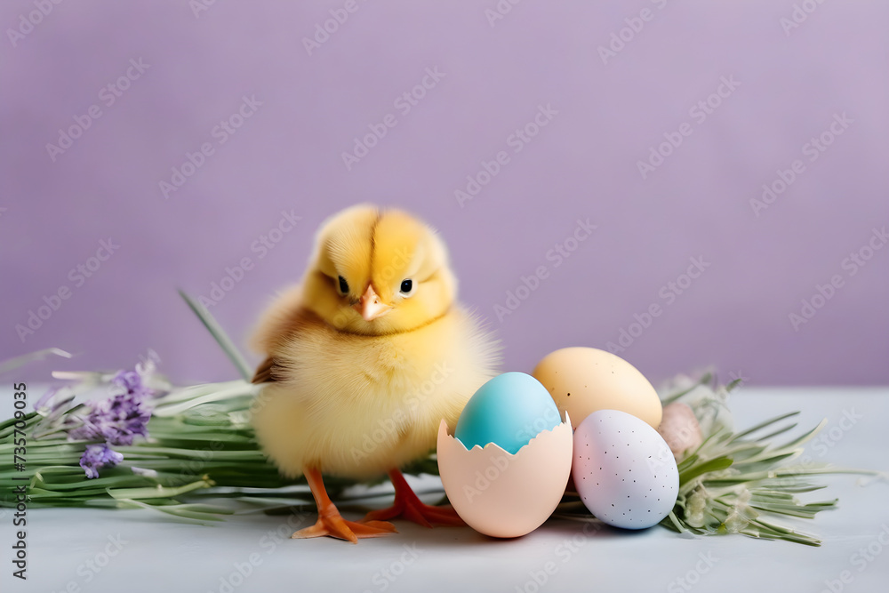 Easter, a chick and eggs. Generative AI