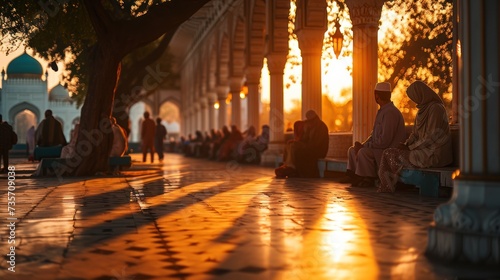 A serene scene of devout Muslim men sitting in rows engaged in evening prayer, with the warm glow of the sunset bathing the mosque in a peaceful light. © DJSPIDA FOTO