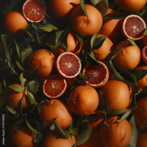 Tas d'oranges sanguines sur un étal de marché. Récolte de d'oranges sanguines fraîches, oranges et rouges et bien mûres pour faire le plein de vitamines en hiver. 