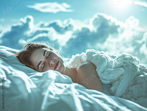 Ethereal Sleep: Young Woman in Clouds' Embrace 