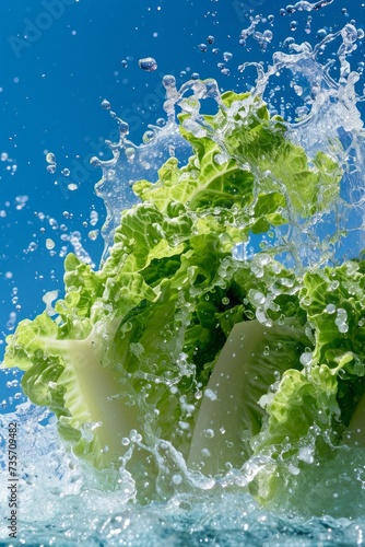 Food photo of romaine lettuce juice waterfall splash, liquid explosion, against a bright blue sky background