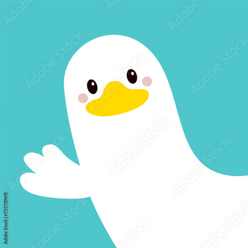 Goose Duck face head waving wing hand from the corner. White farm bird. Cute cartoon kawaii funny character. Flat design. Greeting card banner template. Blue background.