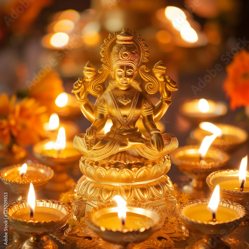 Dipajvalana allumer les lampes au ghee pour la puja, offrande faite aux dieux. Une idole dorée scintillante de la déesse hindoue Lakshmi avec des bougies au ghee en guise d'offrande.