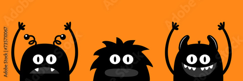 Happy Halloween. Three monster set line. Black silhouette head face icon. Cute cartoon kawaii scary funny baby character. Eyes  tooth fang  tongue  hands up. Flat design. Orange background.