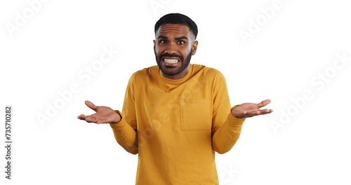 Confused, doubt and portrait of man with dont know, gesture on isolated, png and transparent background. Why, questions and face of unsure person with hand gesture for oops, mistake and decision photo