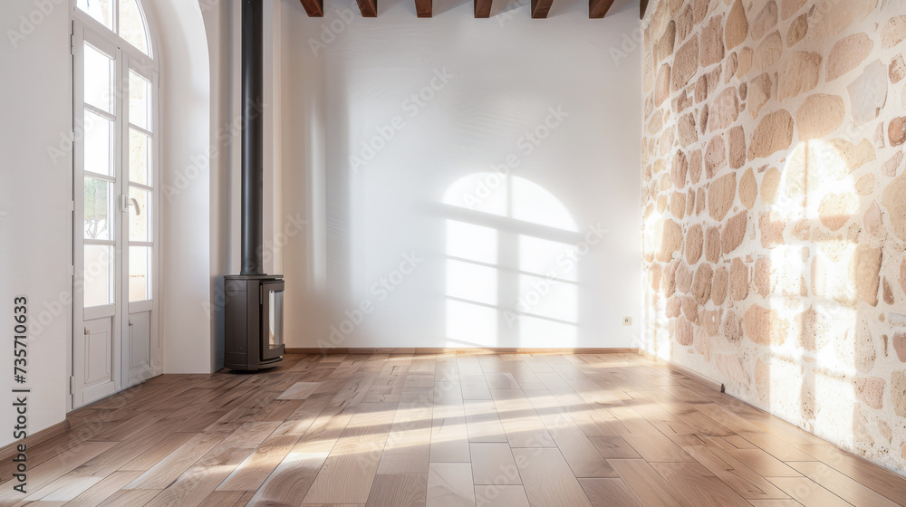 Fototapeta premium Empty room with bright light and a fireplace. Natural texture and minimalist interior design.