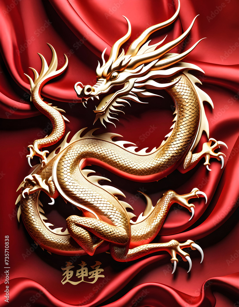 Fototapeta premium Chinese Year of the Dragon 2024, 3D dragon on red Silk cloth