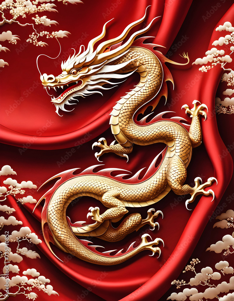 Obraz premium Chinese Year of the Dragon 2024, 3D dragon on red Silk cloth