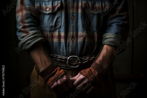 Close-up of rough male hands chained with iron shackles, prisoner or criminal justice concept