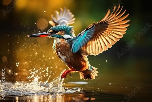 An exquisite kingfisher with vibrant plumage hovers above shimmering golden waters, wings outspread, and water droplets cascading in the light. © kmmind