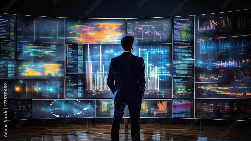 Businessman analyzing company financial balance sheet working with digital virtual graphics.