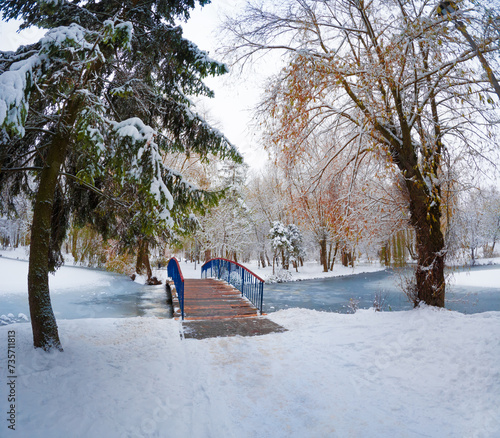 Wooden pedestrian bridge between a spruce and a beech trees. Calm winter scene of Seret river in Topilche gsrden  Ternopil  Ukraine. Snowy morning in city park. Beauty of nature concept background.