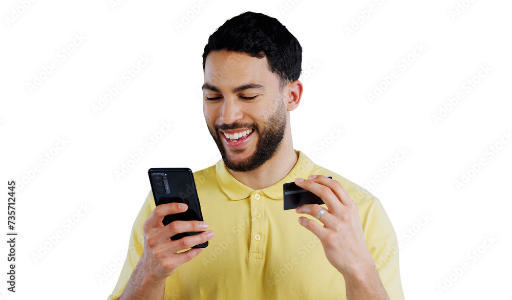 Credit card, happy and man with phone for online shopping, internet purchase and payment bonus. Ecommerce, excited and person on smartphone banking app on isolated, png and transparent background Credit card, happy and man with phone for online shopping, internet purchase and payment bonus. Ecommerce, excited and person on smartphone banking app on isolated, png and transparent background