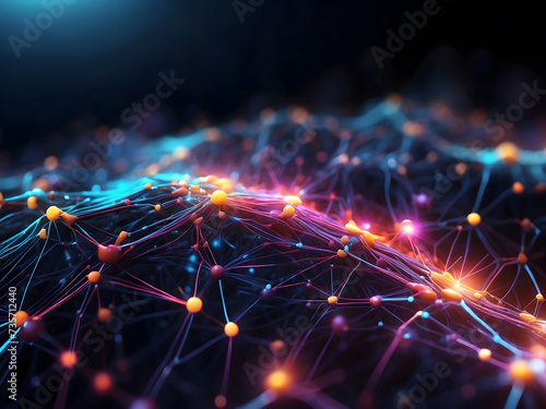 Abstract tech background design with illuminated fibre optic connection design, quantum computing network systems design, and electronic global intelligence design. © Mahmud