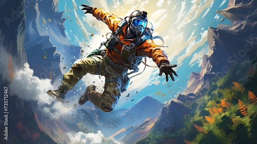 Illustration extreme sports and outdoor adventure with dynamic angles, expressive characters.