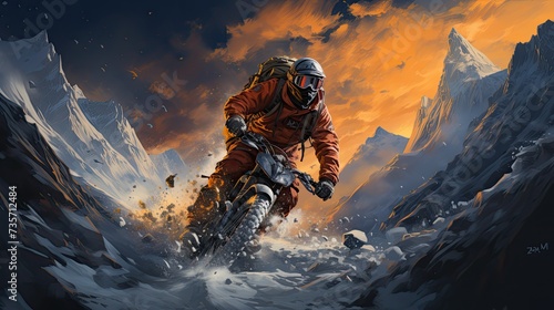 Illustration extreme sports and outdoor adventure with dynamic angles, expressive characters.