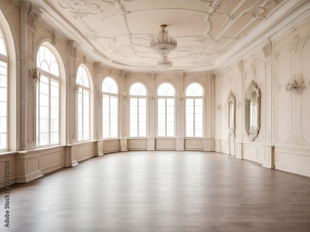 Big Empty room in light colours design, big windows, vintage style design. Empty banquet hall with a parquet floor design.