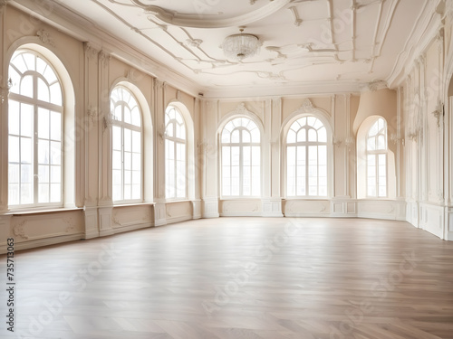 Big Empty room in light colours design  big windows  vintage style design. Empty banquet hall with a parquet floor design.