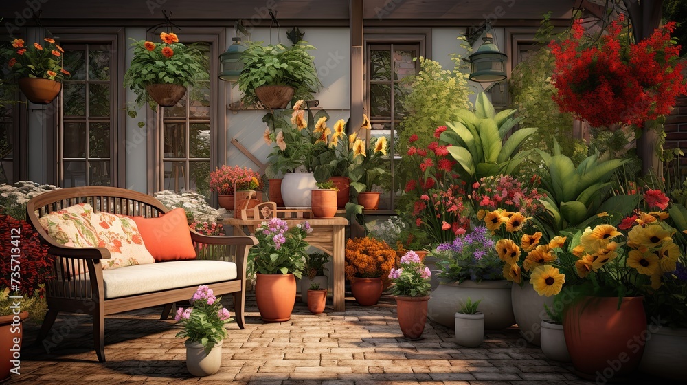 Illustration home and garden decoration visuals, cozy room scenes, and lush garden displays.