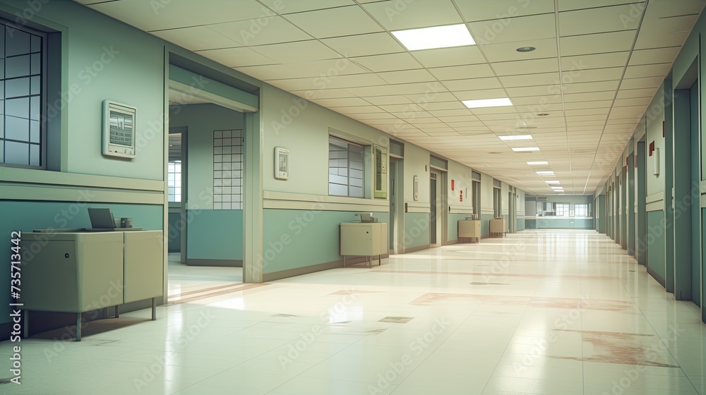 Hospital hallway, reception clinic. Unfocused background.
