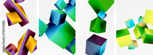 Flying 3d shapes, cubes and other geometric elements background design for wallpaper, business card, cover, poster, banner, brochure, header, website