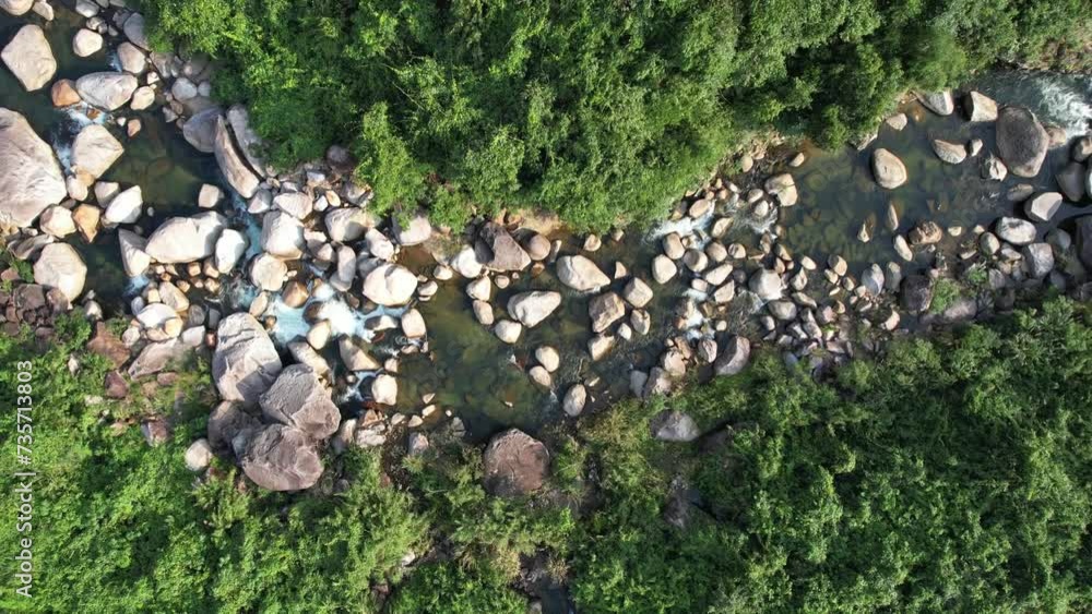 Aerial view of a serene forest stream with clear water gently flowing over a rocky riverbed surrounded by lush greenery, conveying tranquility in nature Aerial view of a serene forest stream with clear water gently flowing over a rocky riverbed surrounded by lush greenery, conveying tranquility in nature