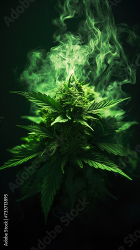 Dark Cinematic Portrait of CBD Leaf with Smoke 