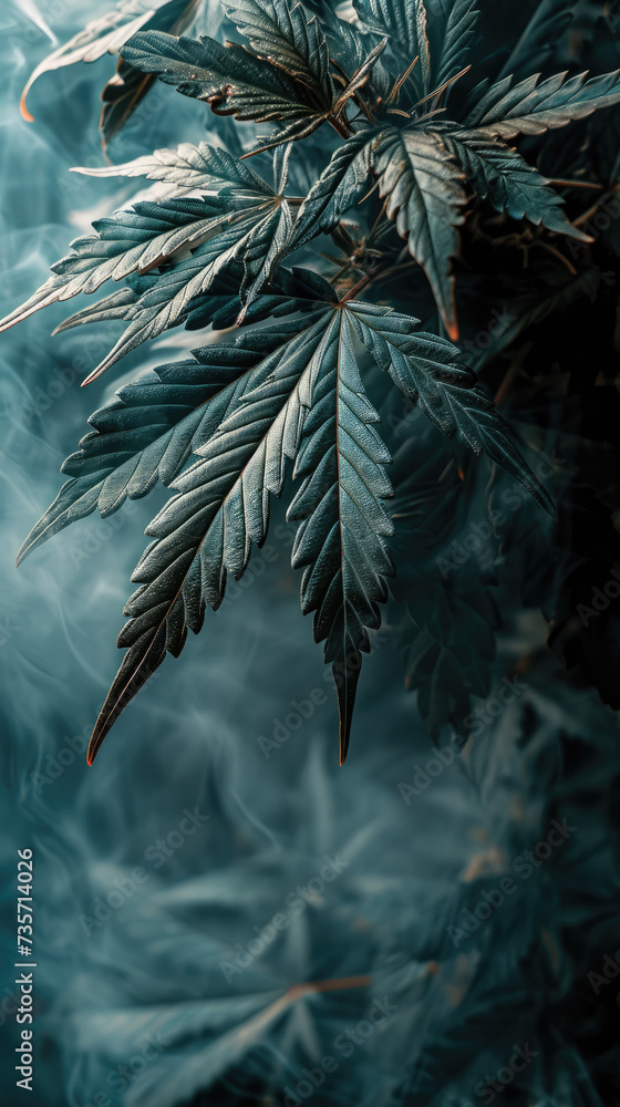 Naklejka premium CBD Leaf in Smoke: A Dark, Cinematic Still Life