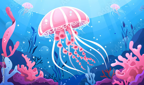 A jellyfish floating in the water with a blue background  Generative AI