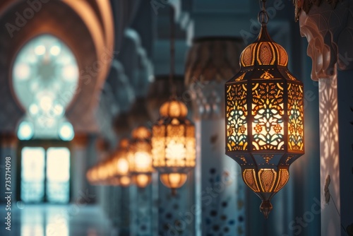 Columns and lantern lights inside mosque building. Arabic arquitecture and ramadan concept photo