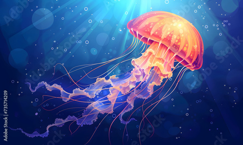 A jellyfish floating in the water with a blue background, Generative AI © simba kim